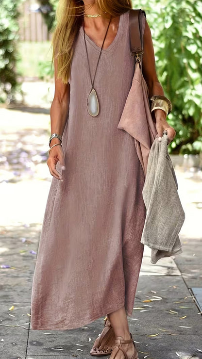 Vintage-effect V-neck Sleeveless Loose Maxi Dress
