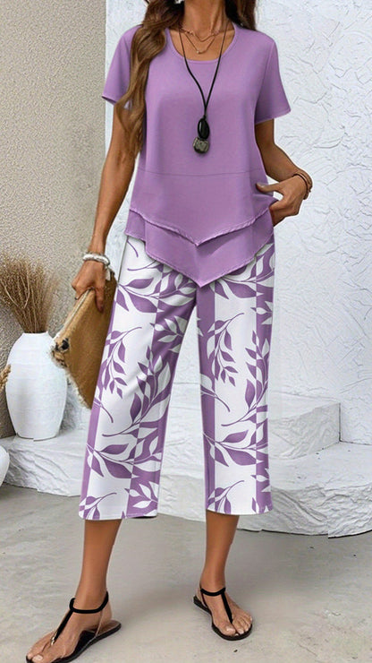Women‘s Irregular Hem Printed Loose Short Sleeve Two-Piece Set