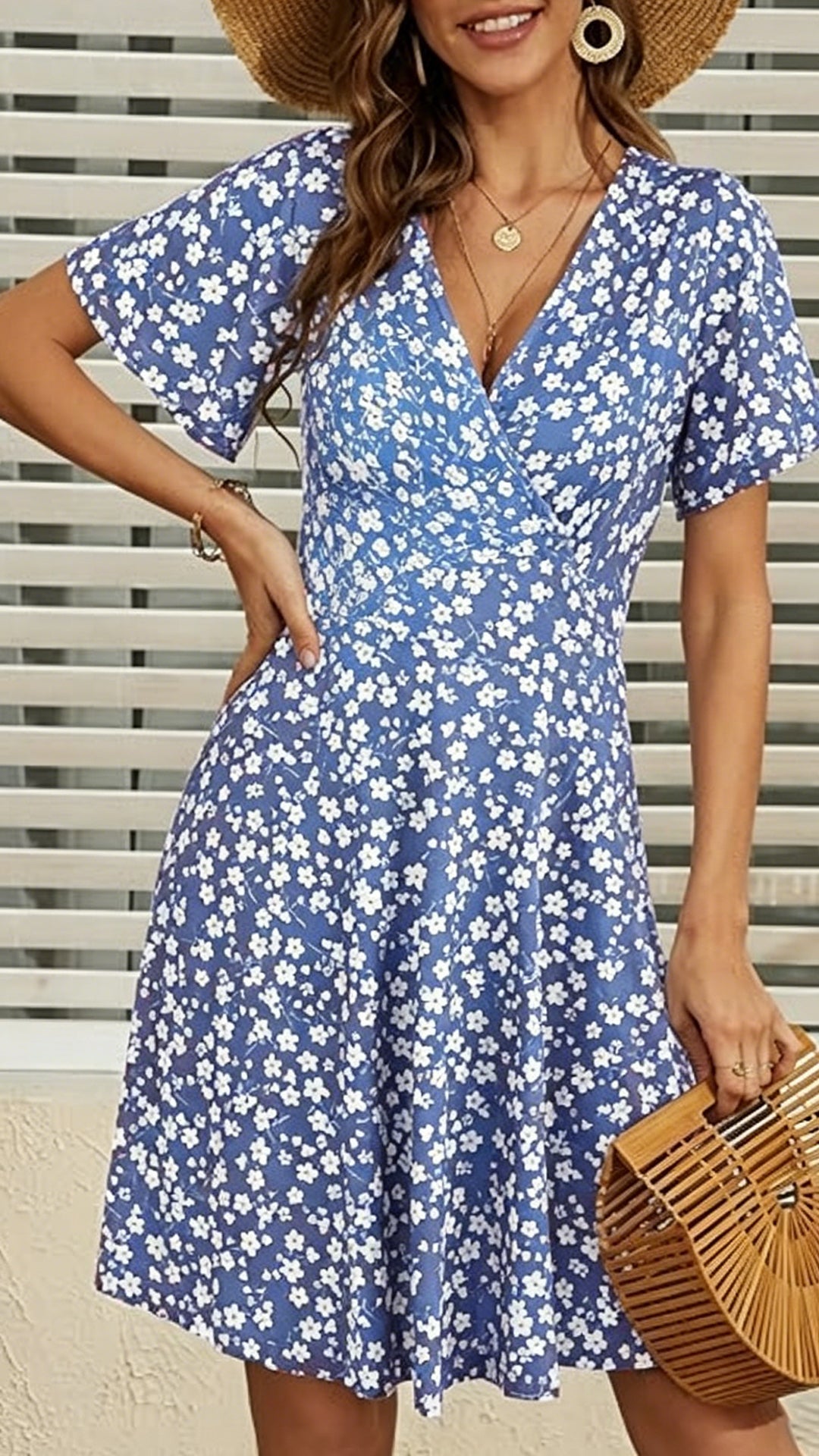 floral print V-Neck Loose silk Mini Dress