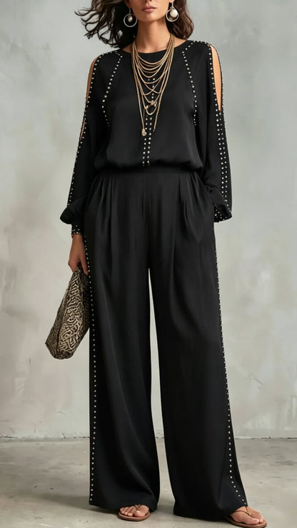 Women's Cold-Shoulder Studded Top & Wide-Leg Pants Cotton Blend Set
