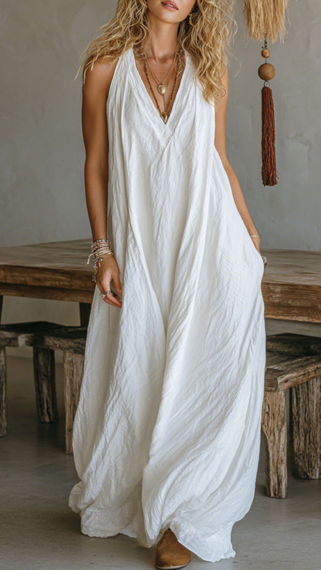 Halter V-Neck Linen-Blend Maxi Dress
