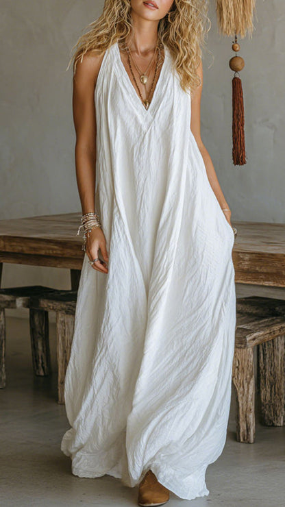 Halter V-Neck Linen-Blend Maxi Dress