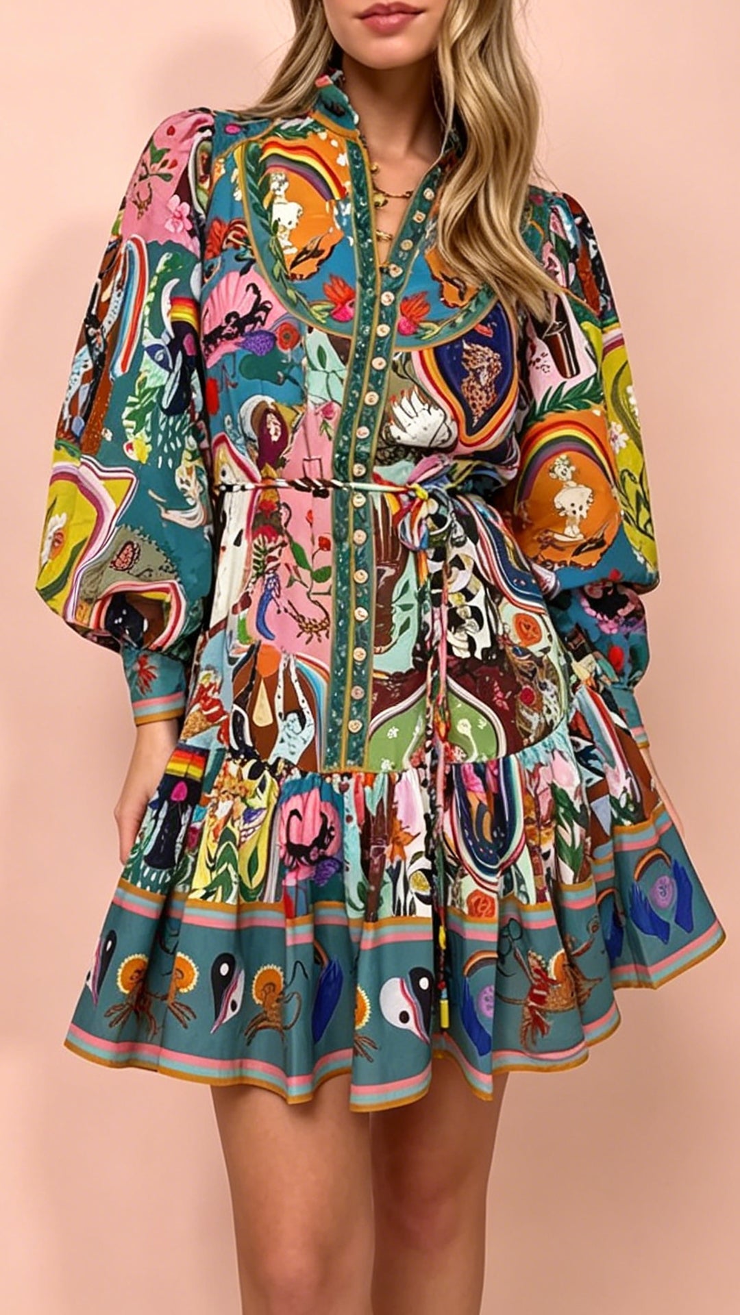 printed long sleeve  pleated trim Mini Dress