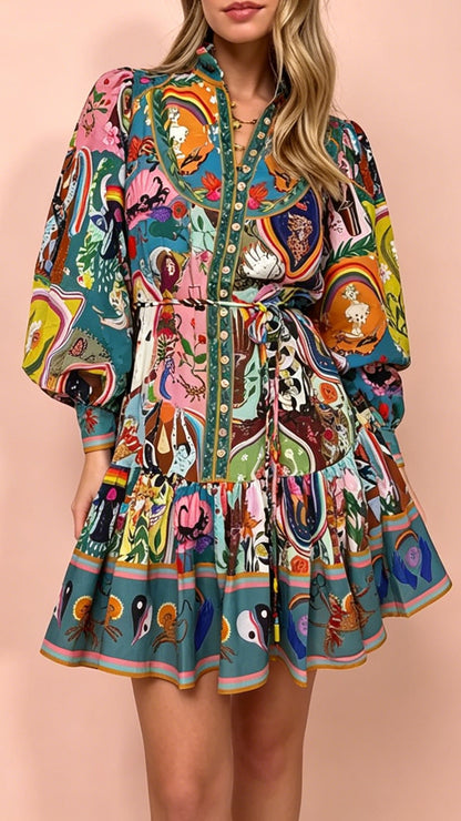 printed long sleeve  pleated trim Mini Dress