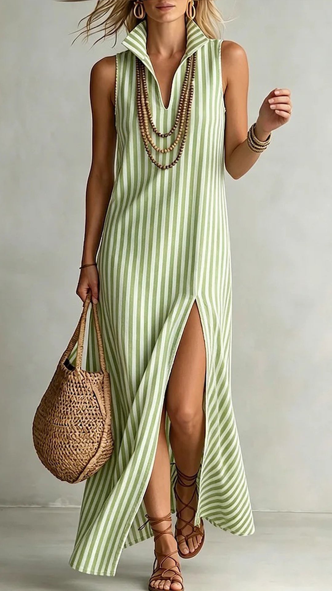 Lapel V-neck striped high-slit maxi dress