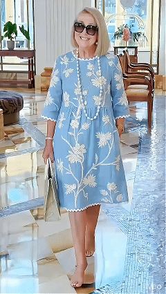 wave trim floral embroidery Loose Mini Dress
