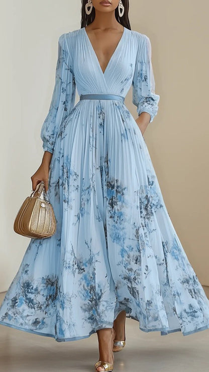 V-Neck floral print long sleeve maxi dress