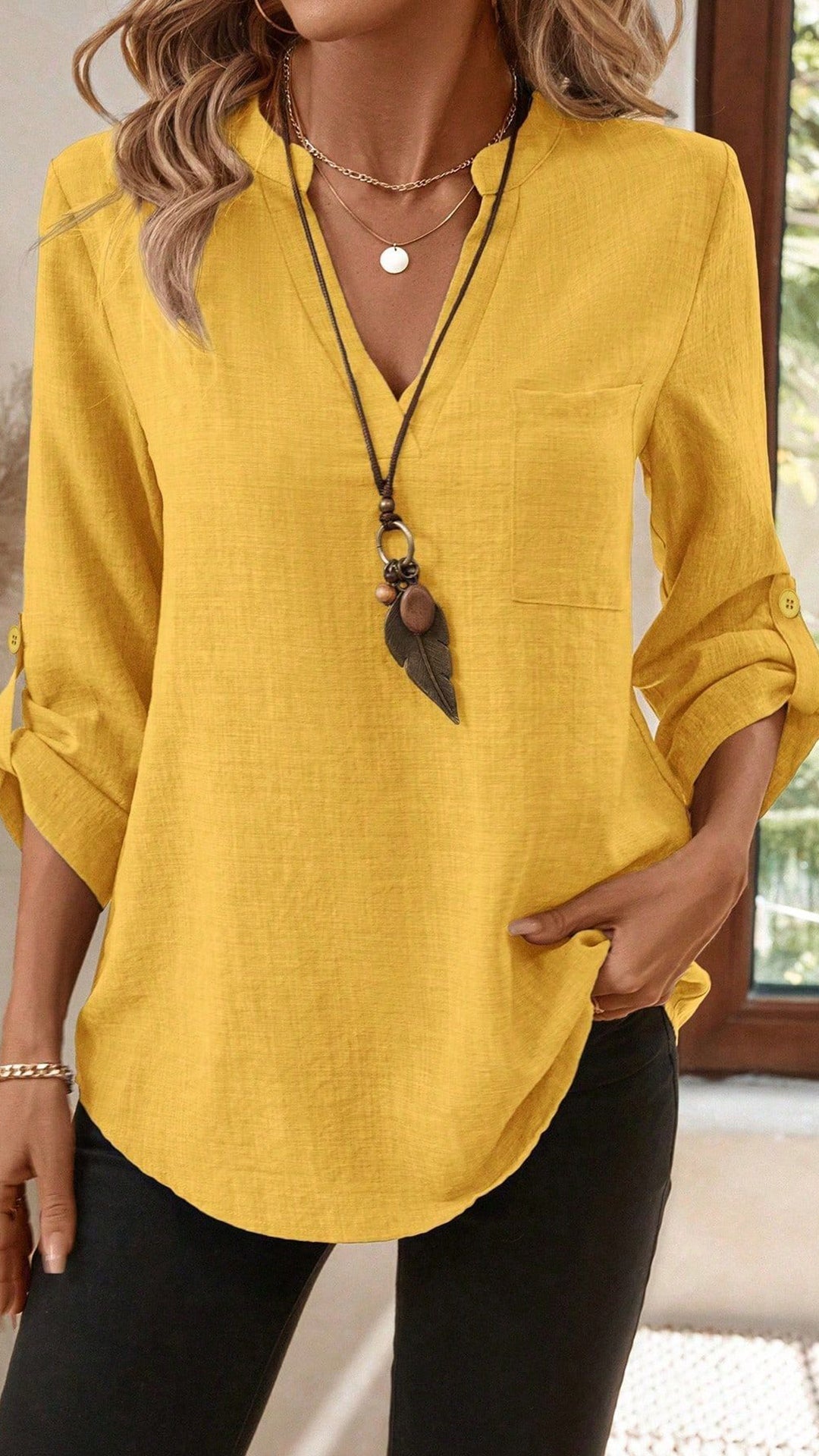 Women's Army Green Linen-Blend Henley Shirt