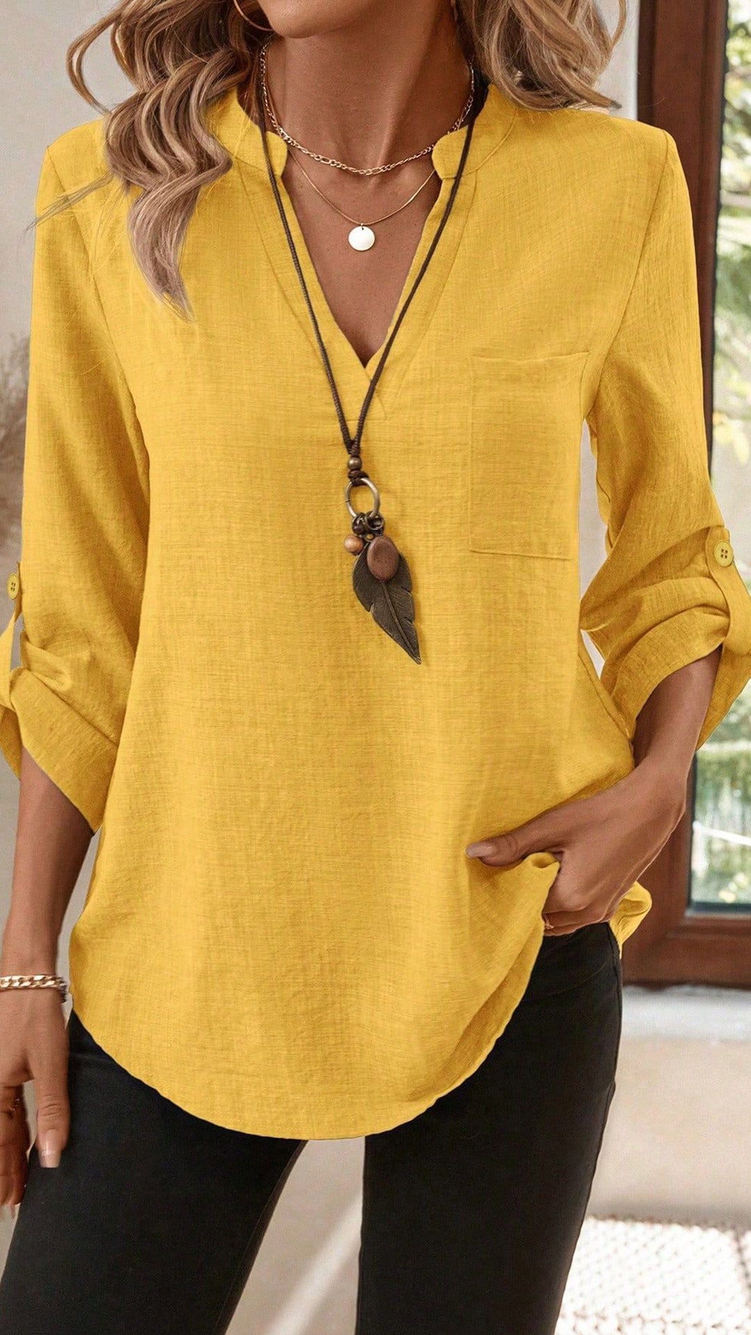 Women's Army Green Linen-Blend Henley Shirt