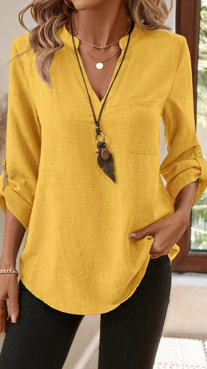 Women's Army Green Linen-Blend Henley Shirt