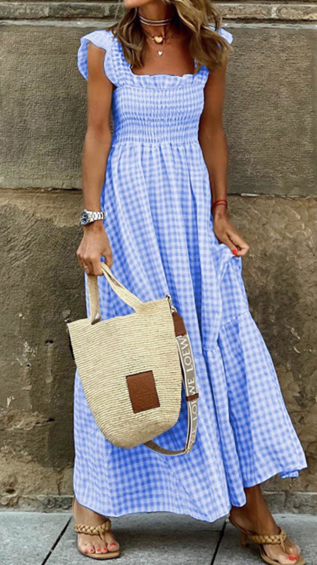 square neck plaid maxi dress