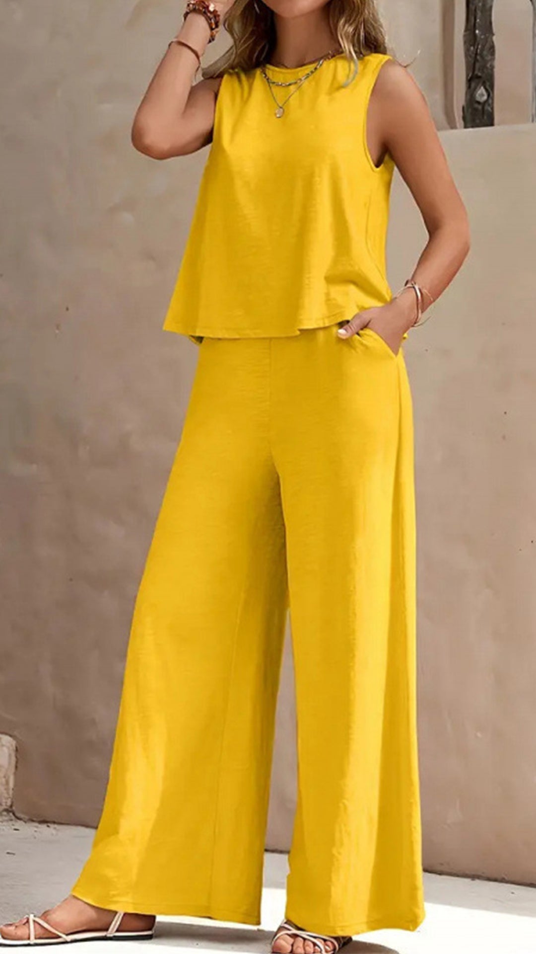 Casual Vacation Style - Sleeveless Cotton-Blend Two-Piece Set