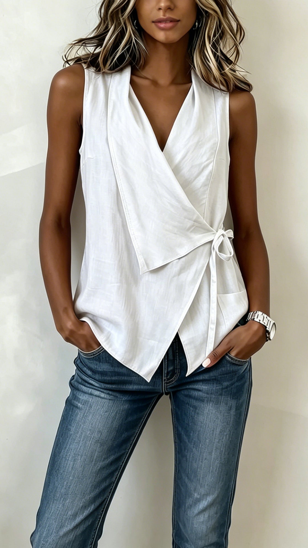 Wrap-Front Tie Cotton-Blend Sleeveless Top