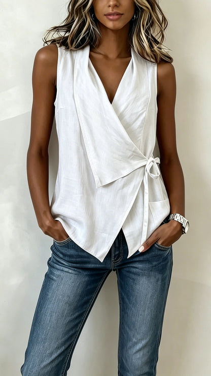 Wrap-Front Tie Cotton-Blend Sleeveless Top