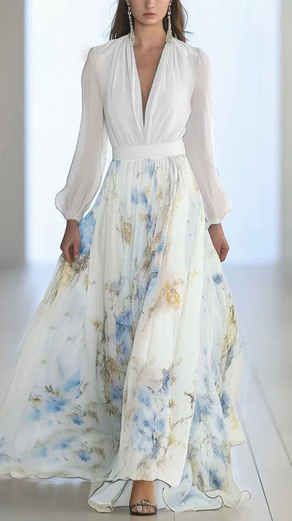 V-neck tulle lantern sleeve print maxi dress