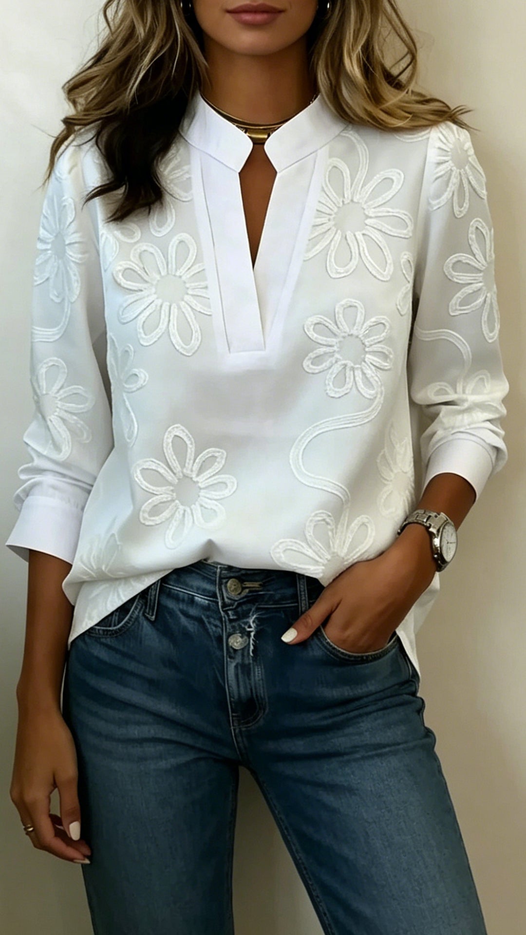 Women's Doll Collar Printed Polyester Blouse