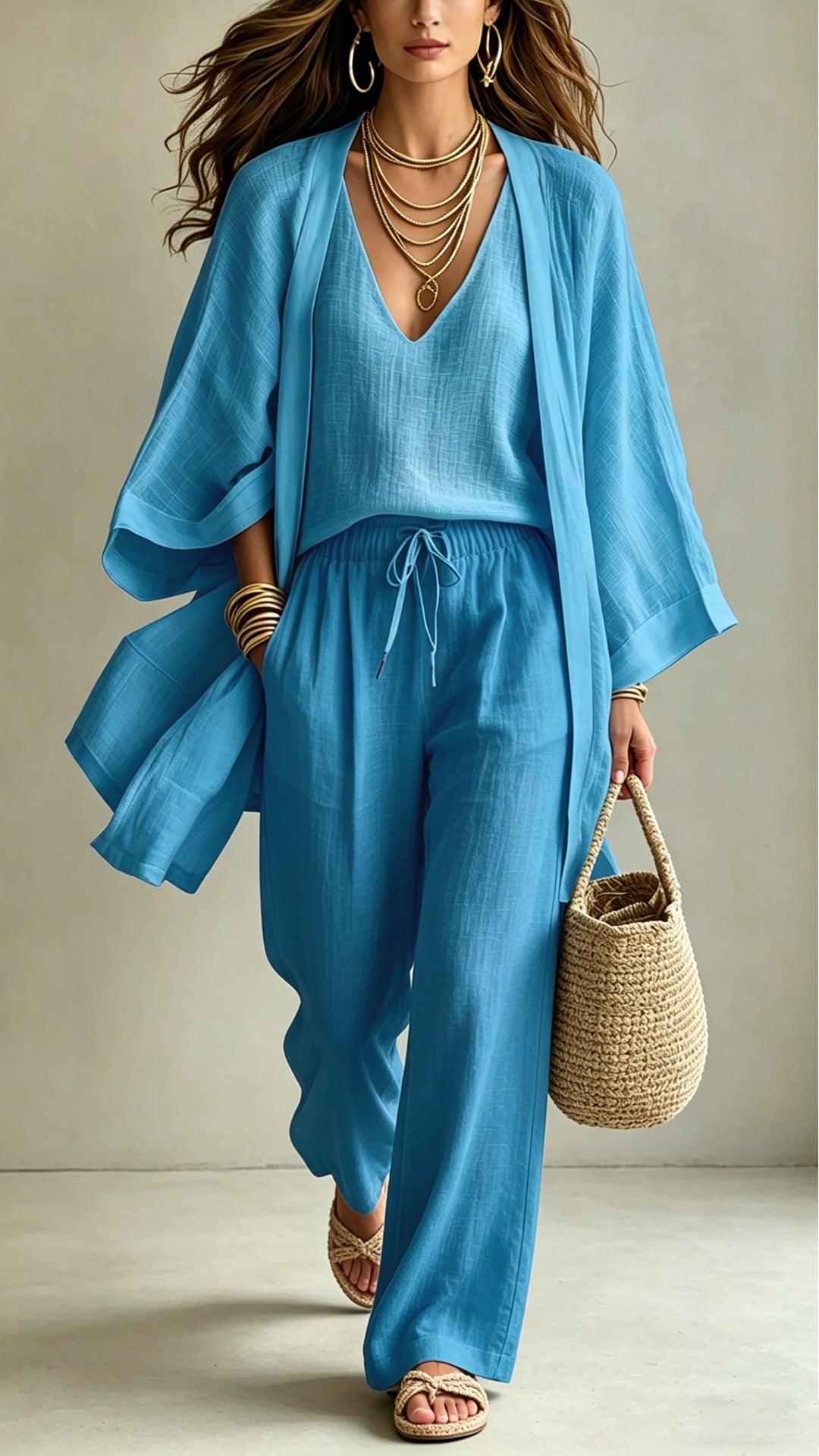 Women's Linen-Blend Three-Piece Set (Kimono + Tank + Shorts)