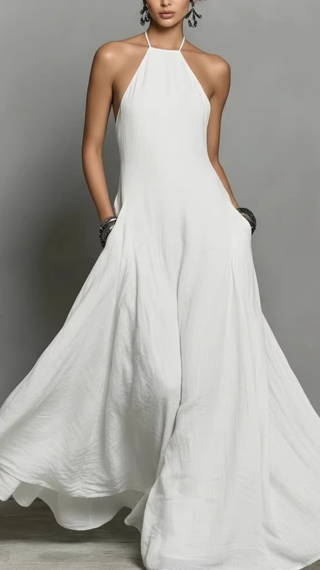 sleeveless linen halter-Neck Loose maxi Dress