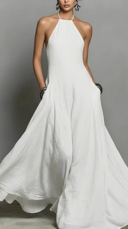 sleeveless linen halter-Neck Loose maxi Dress