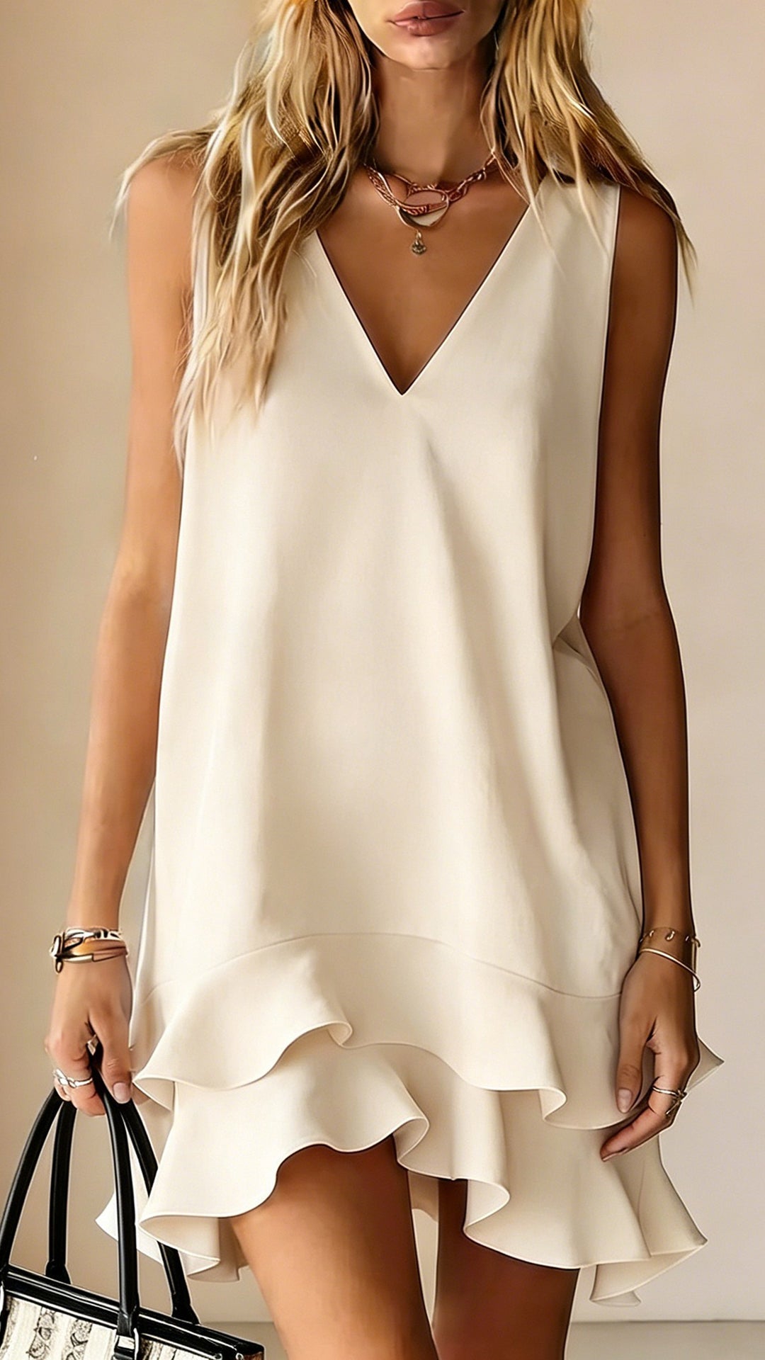 Casual Commute Style - Cotton-Blend V-Neck Sleeveless Ruffle Hem Dress