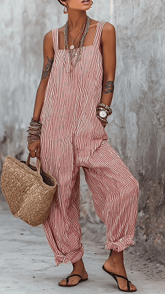 Linen-Blend Striped Jumpsuit