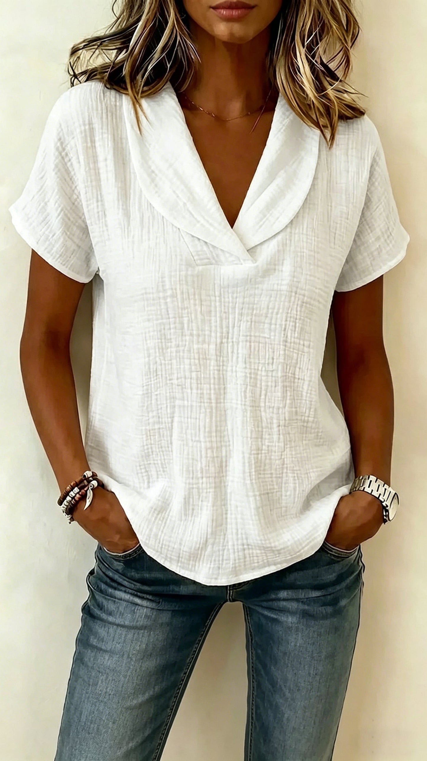 Short-Sleeve Crepe V-Neck Casual Fashion T-Shirt