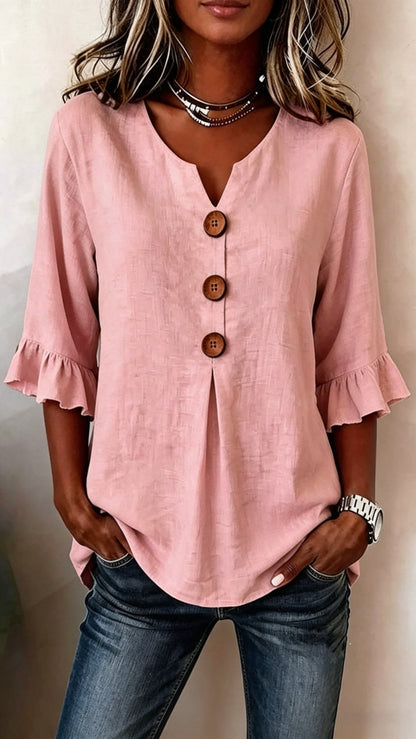 V-Neck Cotton-Linen Button-Up Top