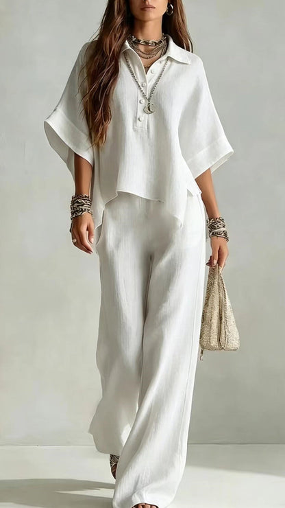 Women's Cotton-Blend Henley Neck Wide-Leg Pants Set