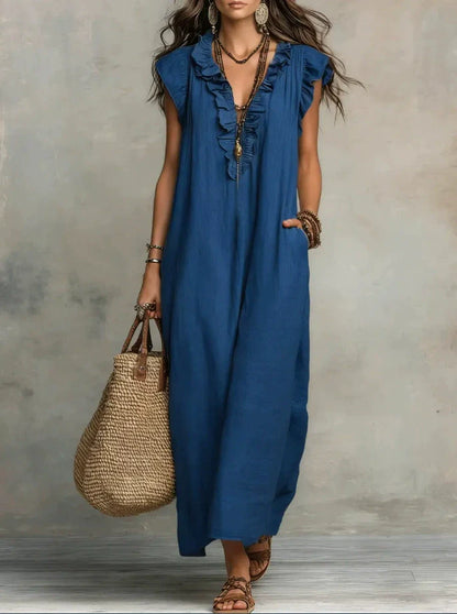 Cotton-Blend Ruffle V-Neck Maxi Dress