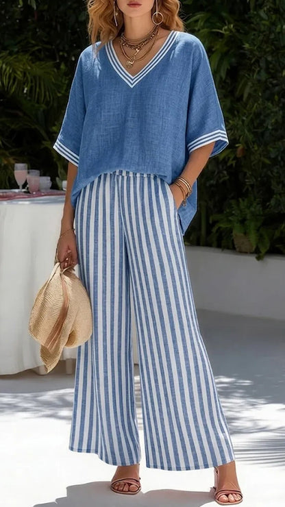 Solid-Color Top & Striped Wide-Leg Pants Set — Loose-Fit, Slimming, and Breathable