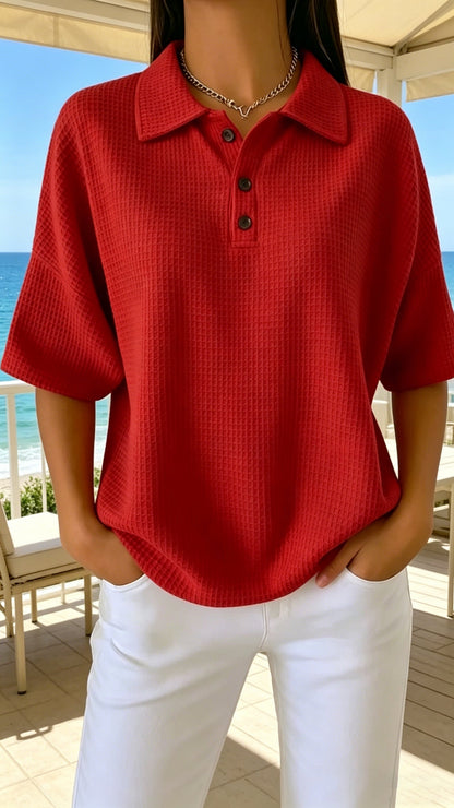 &nbsp;Button-Front Waffle-Knit Short-Sleeve T-Shirt