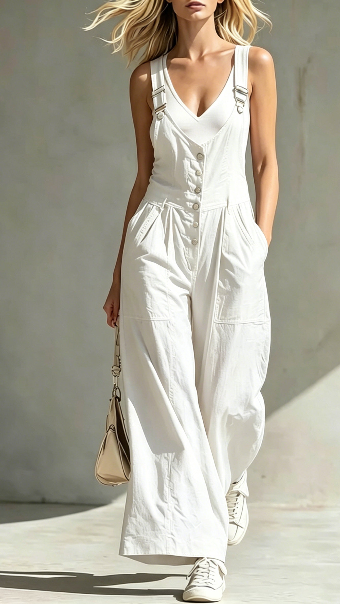 V-Neck Jumpsuit with Pockets, Zipper, Buttons, Open Back, and Waist-Cinching Straps