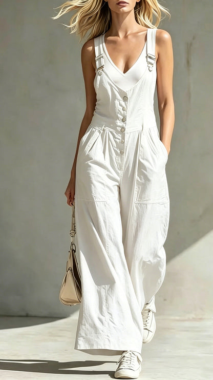 V-Neck Jumpsuit with Pockets, Zipper, Buttons, Open Back, and Waist-Cinching Straps