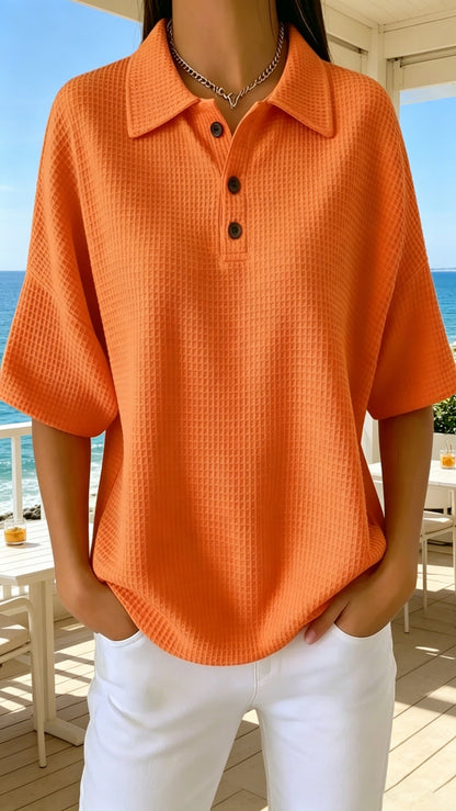 &nbsp;Button-Front Waffle-Knit Short-Sleeve T-Shirt