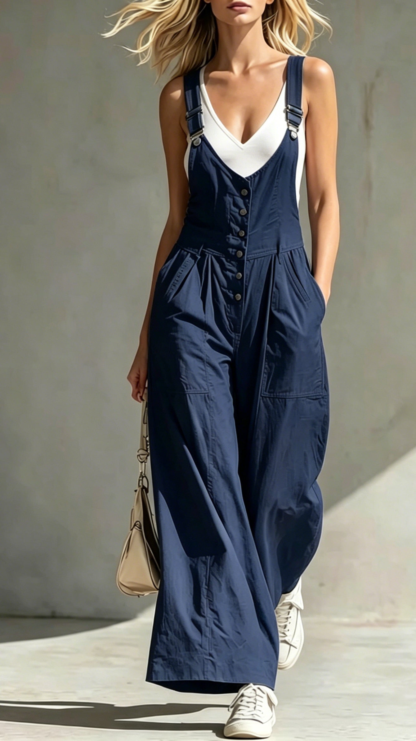 V-Neck Jumpsuit with Pockets, Zipper, Buttons, Open Back, and Waist-Cinching Straps
