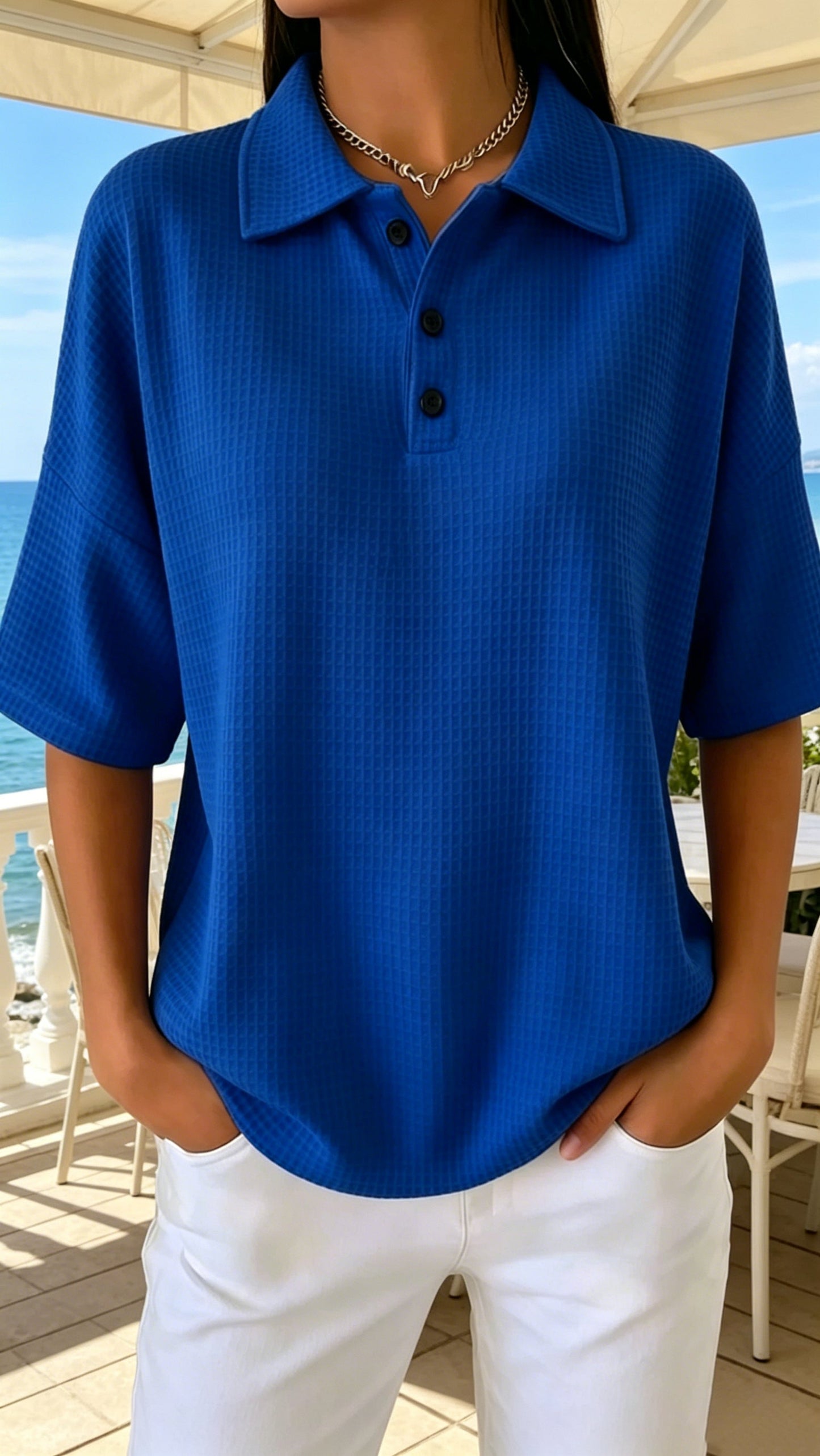 &nbsp;Button-Front Waffle-Knit Short-Sleeve T-Shirt