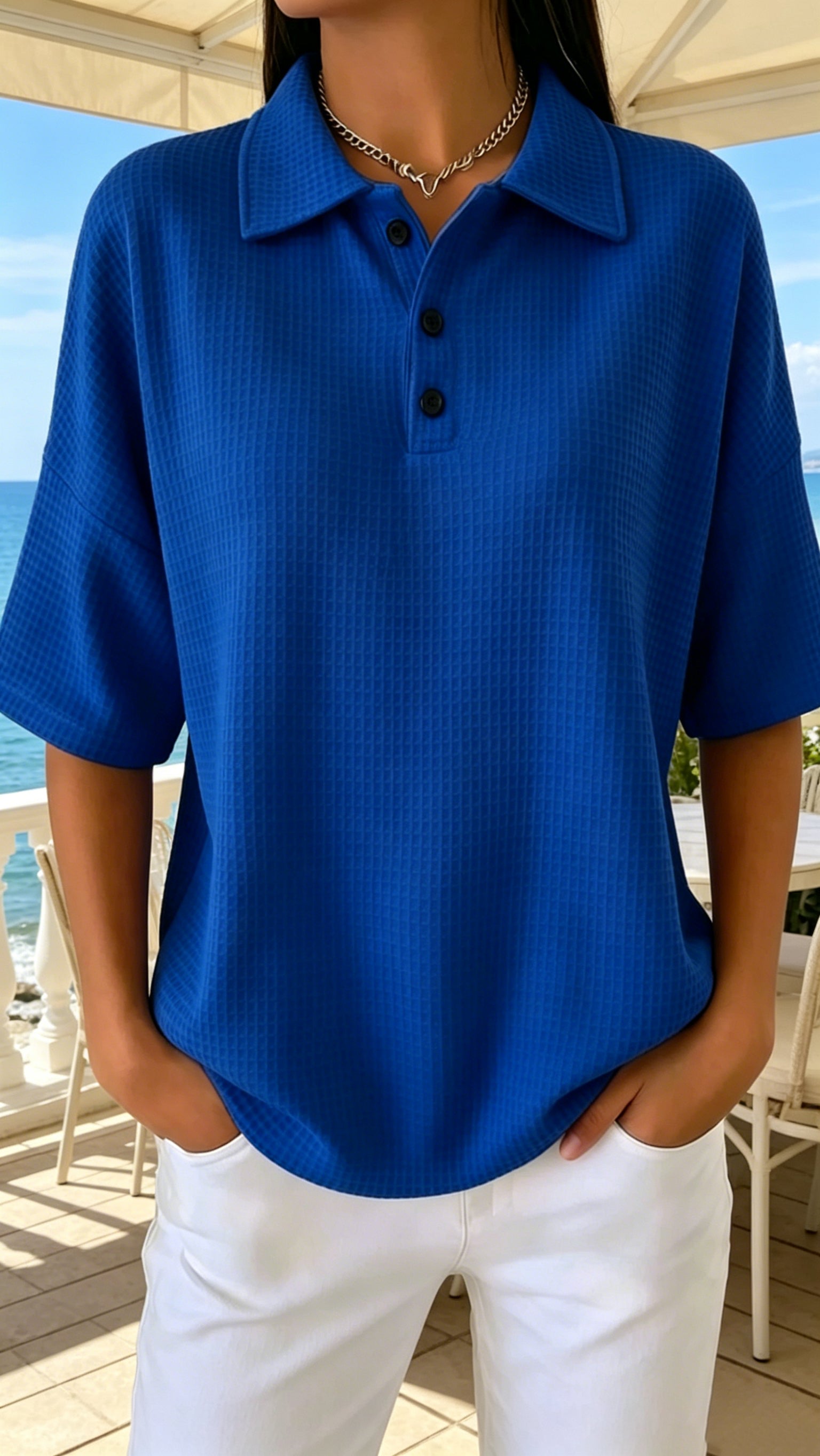 &nbsp;Button-Front Waffle-Knit Short-Sleeve T-Shirt