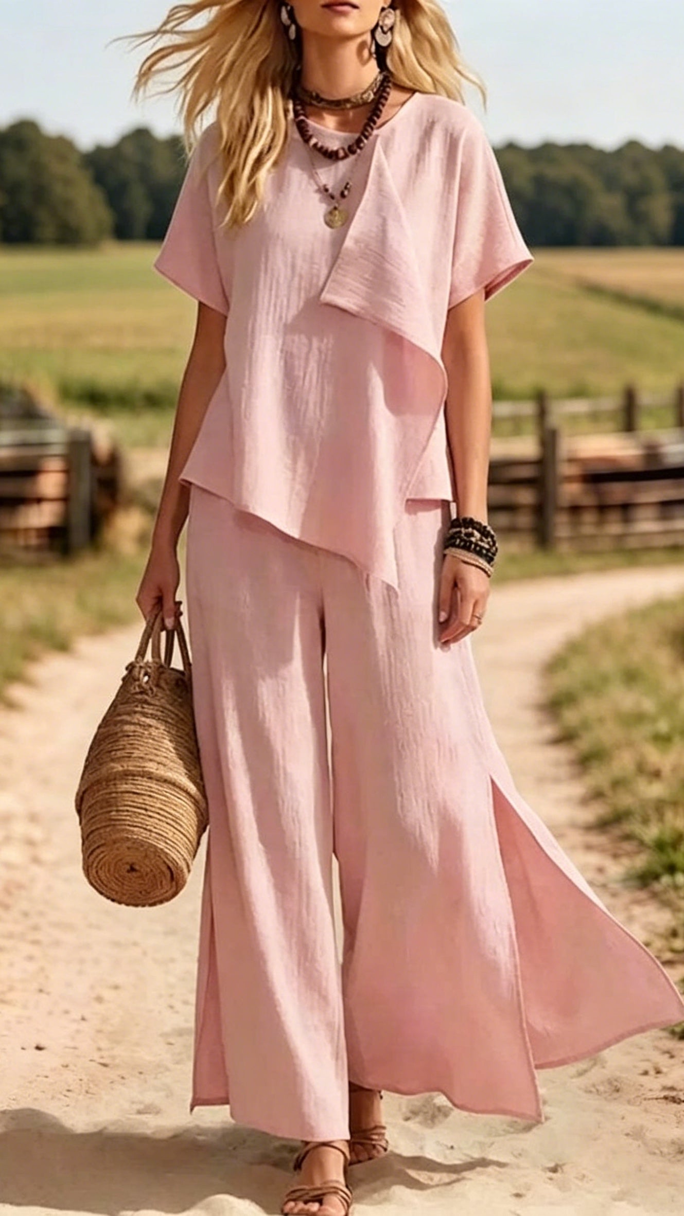 Irregular Short-Sleeve Top &amp; Slit Wide-Leg Pants