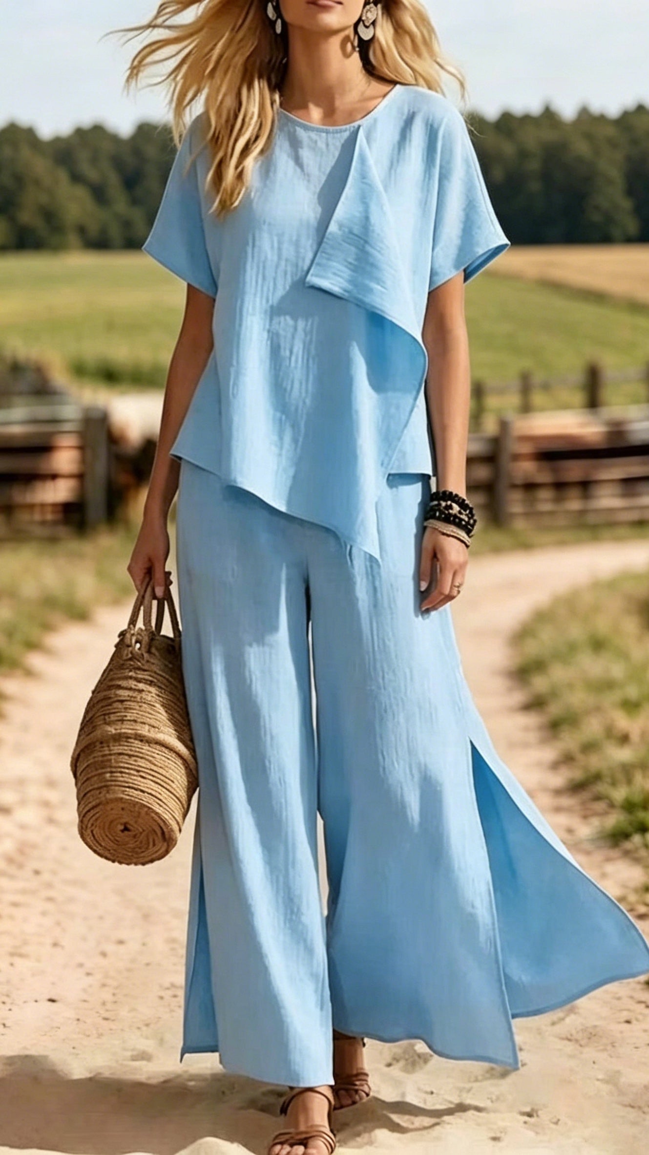 Irregular Short-Sleeve Top &amp; Slit Wide-Leg Pants