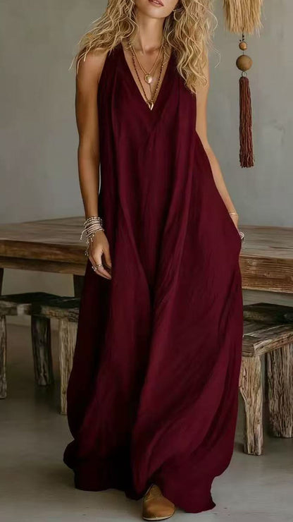 Halter V-Neck Linen-Blend Maxi Dress