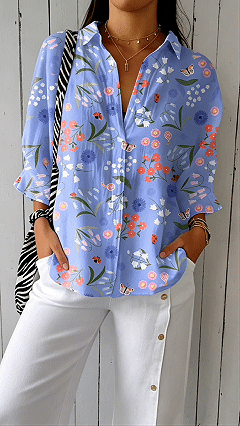 Women's Doll Collar Printed Polyester Blouse