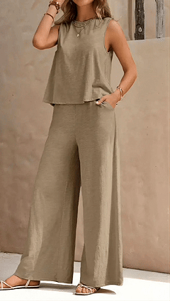 Casual Vacation Style - Sleeveless Cotton-Blend Two-Piece Set
