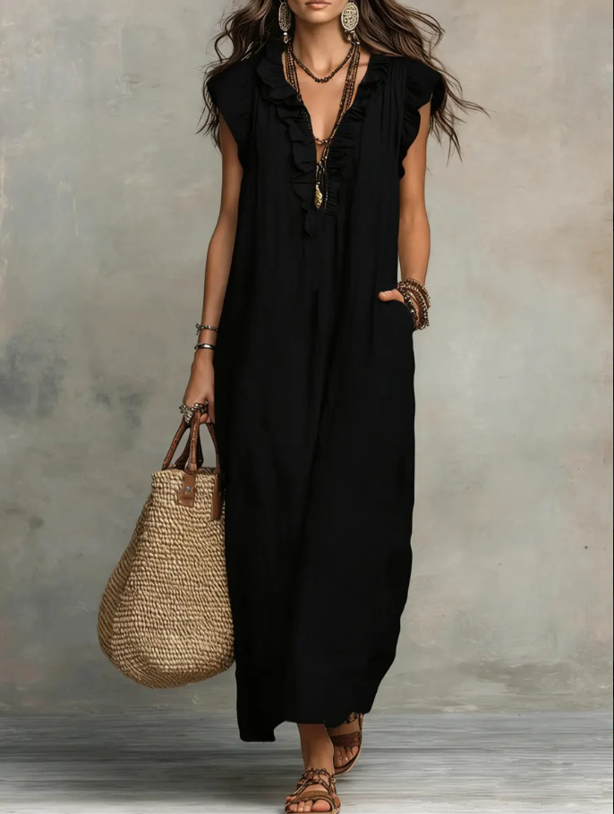 Cotton-Blend Ruffle V-Neck Maxi Dress
