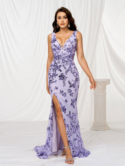V-neck Sleeveless Sequin High Split Dress