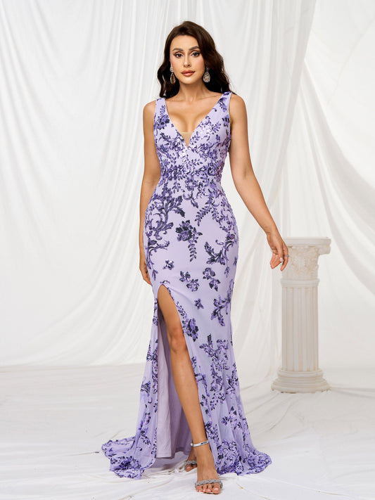 V-neck Sleeveless Sequin High Split Dress