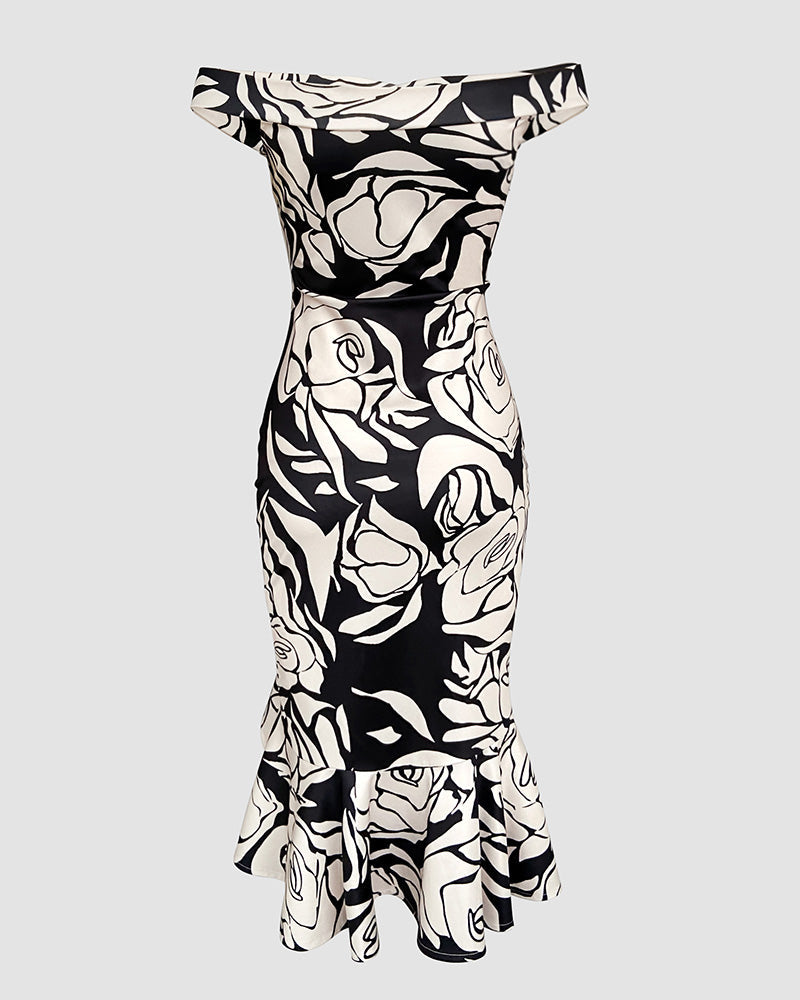 Floral Print Off Shoulder Ruffle Hem Slit Dress Slim Fit Party Dress