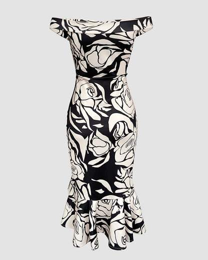 Floral Print Off Shoulder Ruffle Hem Slit Dress Slim Fit Party Dress