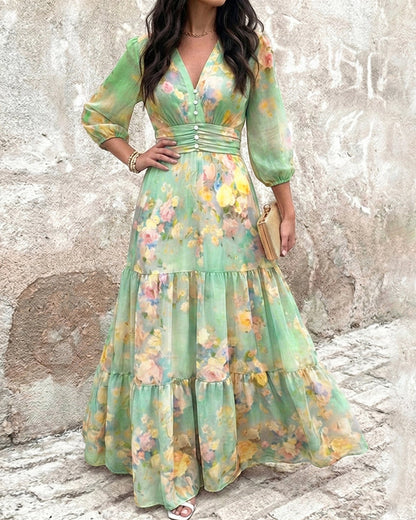 CHICME Women's Watercolor Floral V-Neck Shirred High Waist Maxi Dress Three Quarters Lantern Sleeve A-Line Ruffle Hem Chiffon Vacation Dress