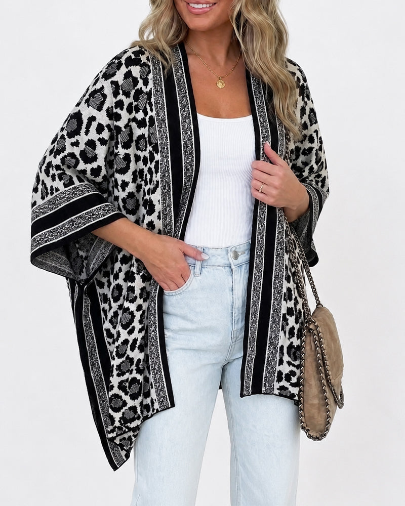 Women's Leopard Print Poncho Cardigan Contrast Striped Trim Open Front Loose Fit Batwing Sleeve Knit Cape Shawl