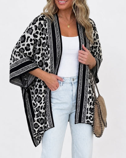 Women's Leopard Print Poncho Cardigan Contrast Striped Trim Open Front Loose Fit Batwing Sleeve Knit Cape Shawl